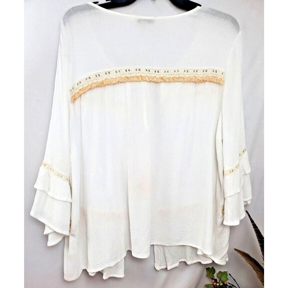 Democracy Womens Top Size XL Rayon Ivory White Bell Sleeves Gauze Tassel Tie - Picture 2 of 6